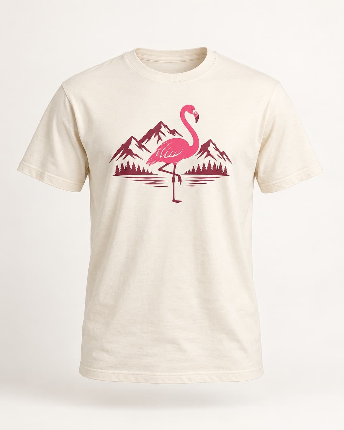 Cream classic logo tee with a pink flamingo mountain graphic