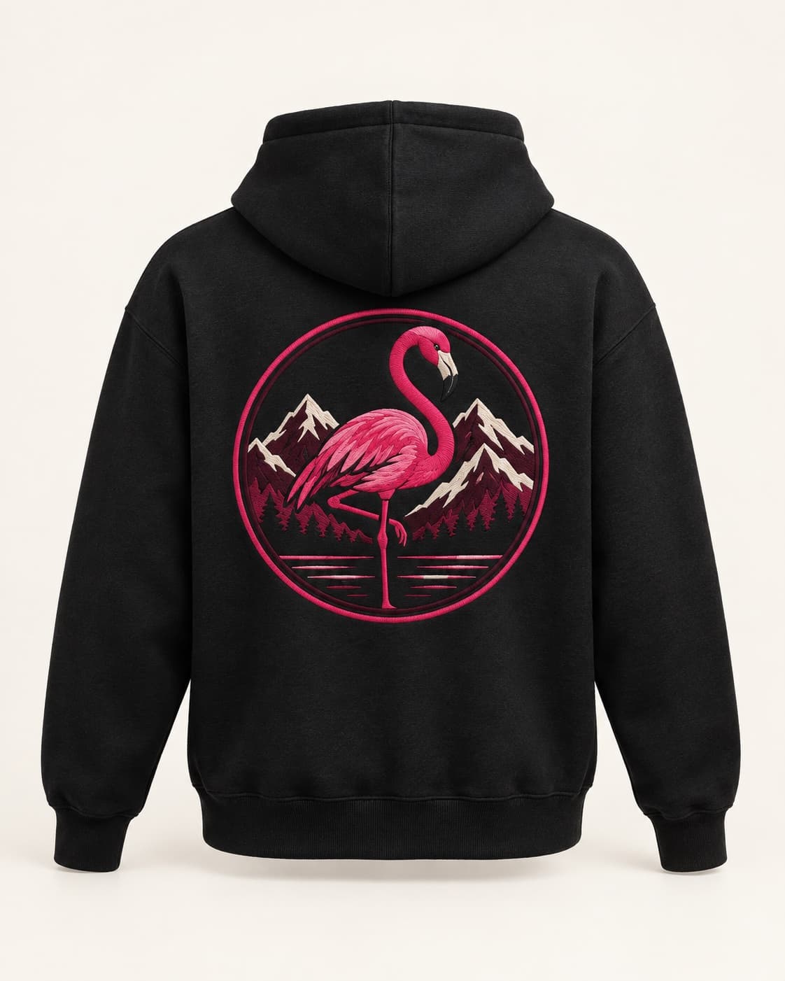 Black Keystone hoodie with a pink flamingo mountain emblem