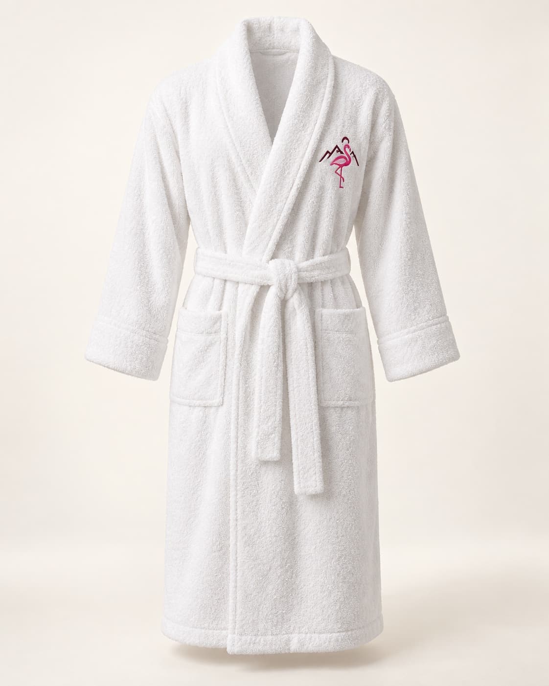White cotton terry spa robe with a pink flamingo chest emblem